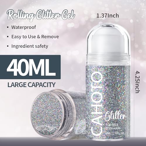 CAHOTO Silver Rolling Glitter for Face Body & Hair, Sparkling Holographic Shimmer, Roll-on Sequins for Singer Concert Rave Festival Halloween Party Carnival, 1.35fl.oz