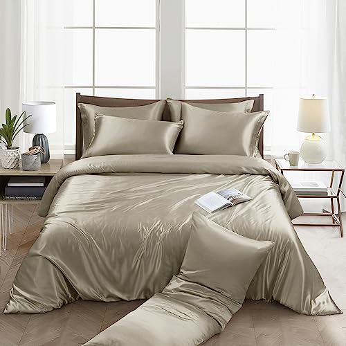 Image of Ersmak 6 Pieces Satin Duvet Cover King Size Luxury Silky Bedding Duvet Cover Set with 1 Soft Duvet Cover, 4 King Pillowcases and 1 Body Pillowcase, Sand