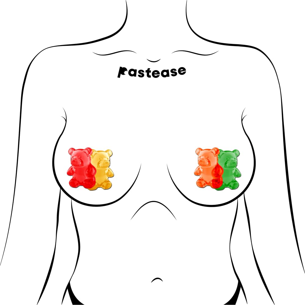 PASTEASE Festival Pasties - Gummy Bear in Red, Yellow, Orange & Green Nipple Covers for Festivals, Raves, & Lingerie | Halloween Costume Accessory | Waterproof & Latex Free