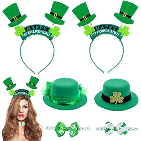 LALASTYLE 6PCS St Patrick's Day Hair Accessories 2 Headbands 2 Hair Clips 2 Hair Rope Top Hat Fancy Dress Shamrock Hair Green Irish Accessories Party Supplies Cover
