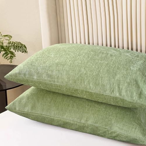 Image of CaliTime Pack of 2 Cozy Standard Pillow Shams Cases for Bed Bedding Decoration Solid Dyed Soft Chenille 20 X 26 Inches Sage