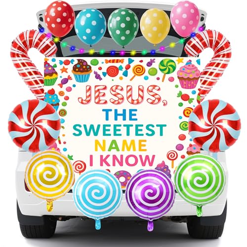 Religious Trunk or Treat Car Decorations Kit, Candy Themed Trunk or Treat Decorations with Candy Banner, Lollipop Balloons & Latex Balloons for SUV Church Halloween School Sunday Events
