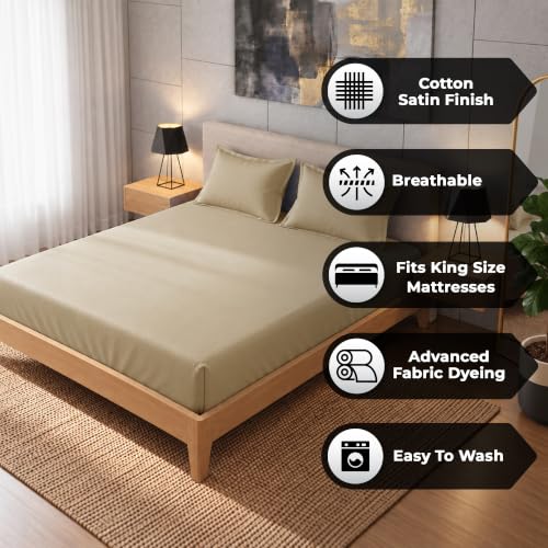 Image of Story@Home 300 TC Cotton King Size Fitted Bedsheet, Beige, 182 x 198 cm