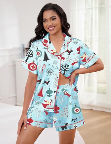 Image of SHESHOW Satin Pajamas for Women Set Preppy Animals Pjs Short Sleeve Shorts 2 Piece Loungewear Sets XS-XXL