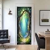 Door Stickers Peel and Stick Door Decal Fairy Forest Fairytale Wonderland Woodland Butterfly Flowers Tree Removable Mural Wallpaper 30.3''x78.7'' Wall Murals for Kitchen Living Room Bedroom