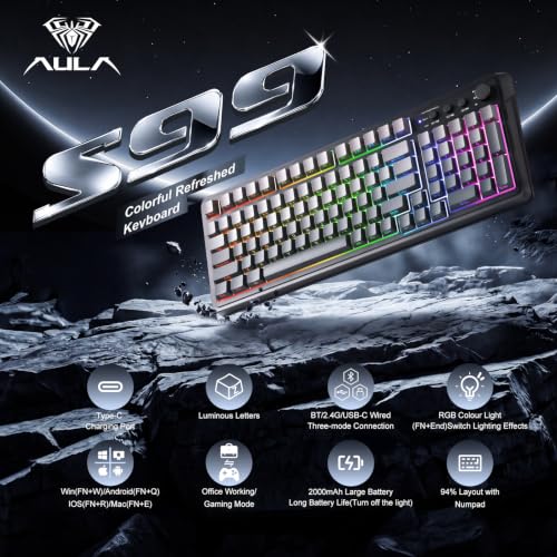 Image of AULA Keyboard Gaming Wireless Creamy Computer Keyboards with Number Pad | Side-printed Light Transmission Letters Keyboard,99 Keys,RGB Backlit,Tri-Mode BT /2.4GHz /USB-C Connection,Gradient Grey