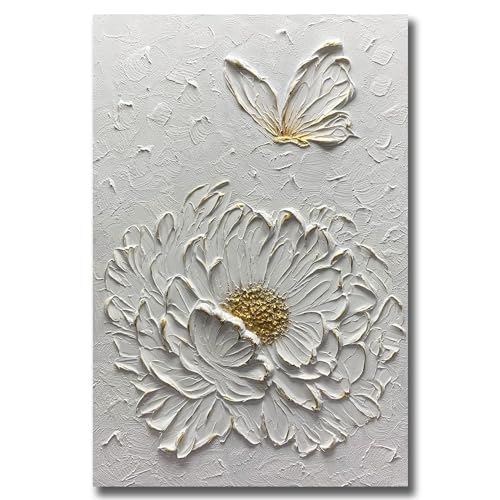 Boiee Art,24x36Inch Hand Painted Creamy Textured Wall Art Elegant Floral Wall Decor Art Minimalist Butterfly Artwork White and Gold Flower Oil Painting for Home Office