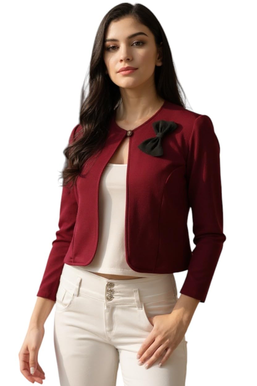 Women White Solid Cropped Open-Front Shrug with Black Bow Detail-image-26