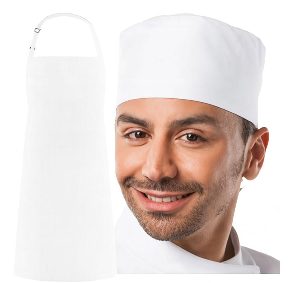 Mfaz Morefaz Ltd Men's White Chef Hat & Apron Set – Hat And Kitchen Apron, Adjustable Chef Uniform For & Wo, Restaurant, Catering, Bbq (, S/M)