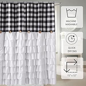 Country Buffalo Plaid Farmhouse Ruffled Bath Shower Curtain with Vintage Buttons, Rustic Decorative Fabric Shower Curtain for Guest Bathroom, 72" x 72", Black and White Country Buffalo Plaid Farmhouse Ruffled Bath Shower Curtain with Vintage Buttons Rustic Decorative Fabric Shower Curtain for Guest Bathroom 72 x 72 Black and White