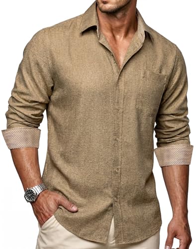 Image of Ailisus Men's Linen Shirts Long Sleeve Regular Fit Business Casual Cotton Dress Shirt Button Down Contrast Collar Khaki XL