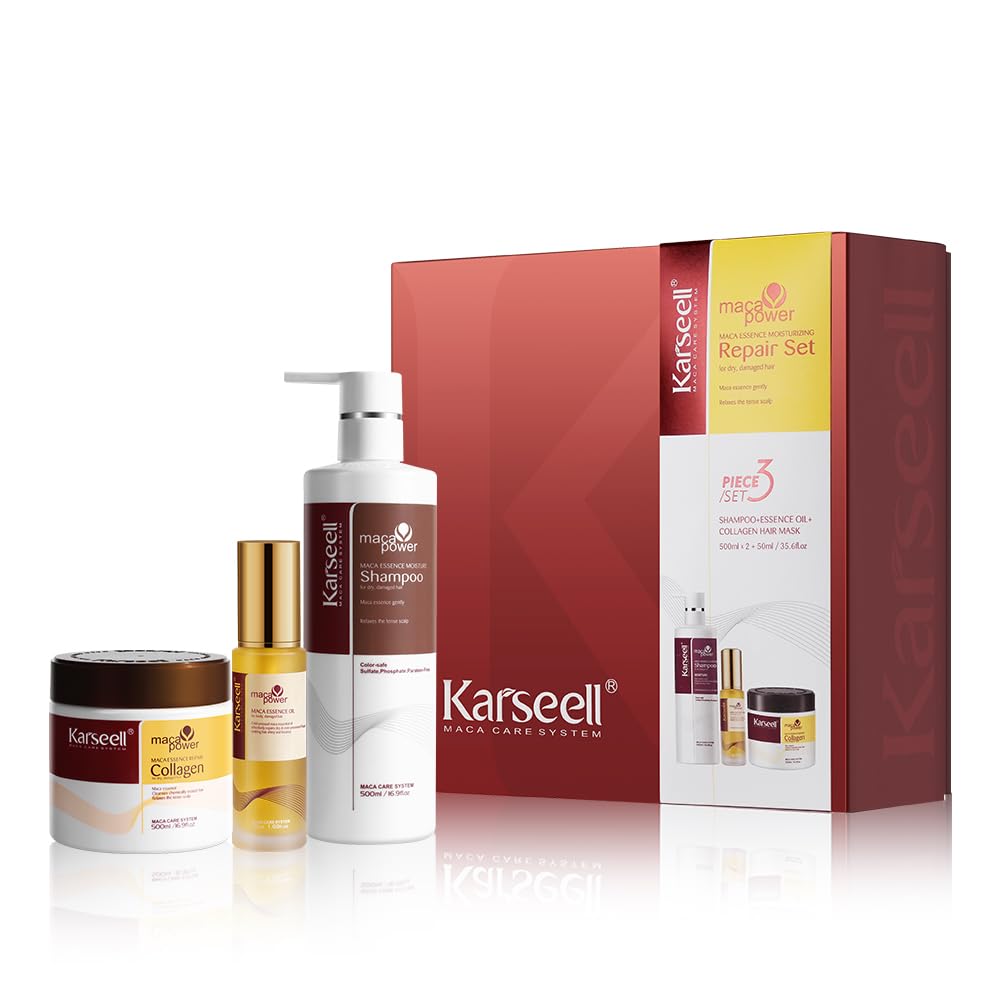 KarseellMaca Essence Moisturizing Repair Set: Collagen Hair Mask 500ml, Shampoo 500ml & Maca Essence Oil 50ml - Argan Oil Treatment for Dry Damaged Hair, All Types