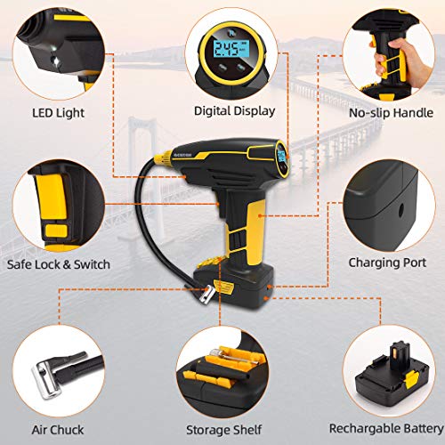 acetek Tire Inflator Cordless Air Compressor,Car Air Pump Tire Inflator Rechargeable, DC 12V Portable Handheld Electric Power Air Pump for Car Tires with LCD Digital Pressure Gauge