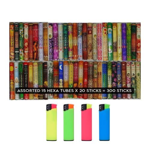 DISPAU Kit HEM - Selección de Incienso, 15 Cajas – 300 Varillas Incluye 4 Mechero BI Color Rubber Touch de Regalo