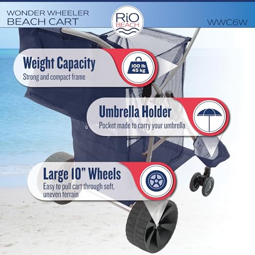 Rio Beach Wonder Wheeler Deluxe Utility, Lawn, and Beach Foldable Cart, Blue Print - Thumbnail 2