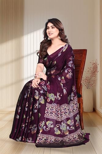 Image of SUPERLAXMI Women's Chiffon Floral Printed Saree with Blouse Piece
