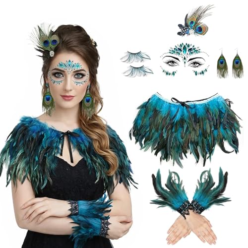 6 Stücke Pfau Kostüm Damen Pfauen Kostüm Damen mit Pfauenfedern Schultertuch Feder Manschetten Hand Pfau Kopfschmuck und Ohrringen für Karneval Cosplay Kostümfeste