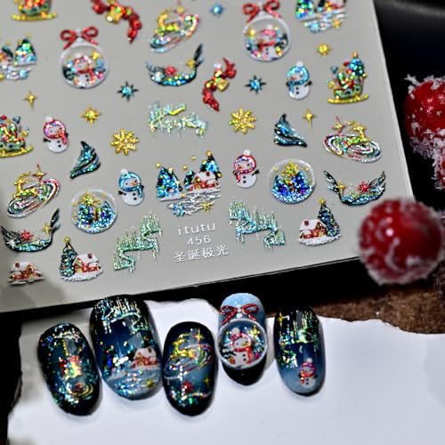 Image of Christmas Crystal Ball Nail Stickers Snowman Nail Art Stickers with Gold Design 5D Embossed Self Adhesive Nail Decals for Nails Art Xmas Manicure Decoration Accessories for Women Girls