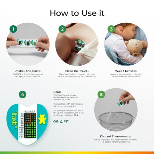 Image of Underarm Thermometer Sticker for Kids, Babies 6+ Months (12-Pack, Celsius) - Wearable for Up to 48 Hrs with Continuous Temperature Readings, Battery Free, Single Use, Disposable Thermometer