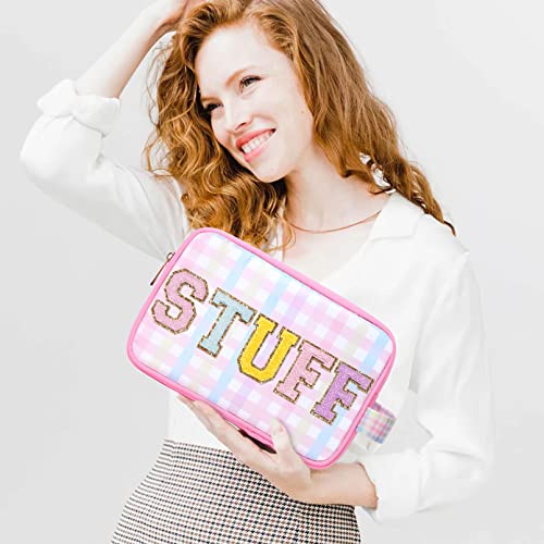 Soidram Makeup Bag Large Stuff Cosmetic Bag Preppy Travel Nylon Stoney Clover Dupes Letter Patches Cute Makeup Bag Organizer Toiletry Bag Box Rainbow Pink Makeup Brushes Storage Bag For Women #TOP6
