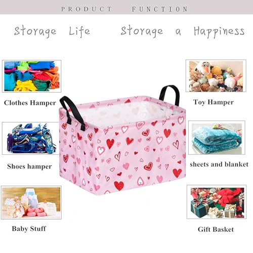 Image of Kid Storage Basket Gift Shelf Basket Toy Storage Bin, Nursery Basket Organizer Box for With Handles for Room Deco Heart Pattern Valentine's Baskets