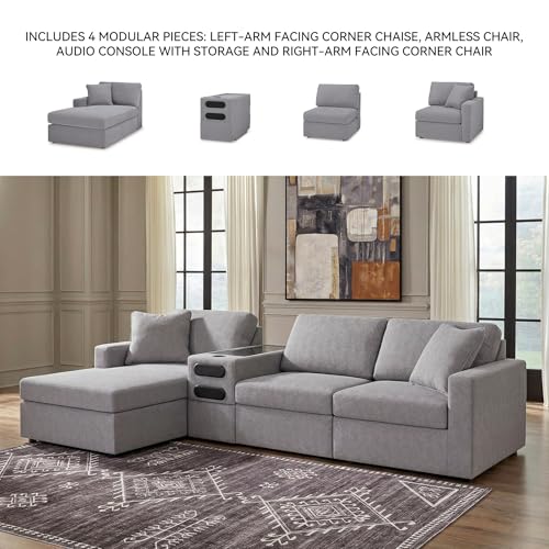 Image of Signature Design by Ashley Sectional Couch with Speakers, Chaise, Granite