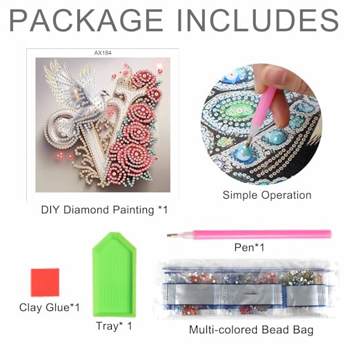 Image of AiYuanzsh 5D DIY Diamond Art Kits for Adults Letter V, Vintage Rose & Dove Floral Special Shape Diamond Painting, Alphabet Diamond Art for Home Wall Decoration and Valentine's Day Gift 17x17cm