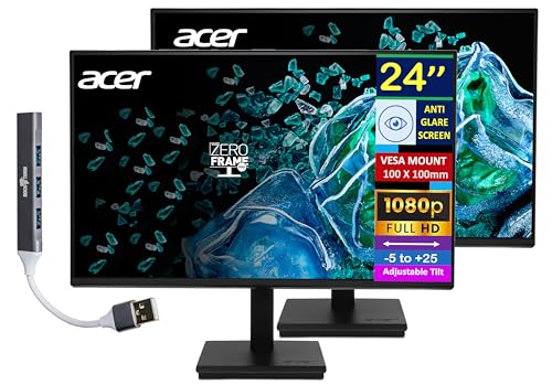 Image of acer 24 inch FHD IPS Monitor with 4ms Response Time, Anti Glare, VESA Mount (100 x 100mm), HDMI, VGA & Dockztorm USB Port Expander, Black Color 2 Pack