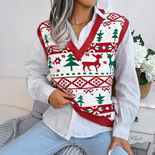 Image of JULYCLO Christmas Sweater Vest Women Ugly Xmas Reindeer Knit Sweaters Casual Santa Snowflake V Neck Sleeveless Outwear Tops