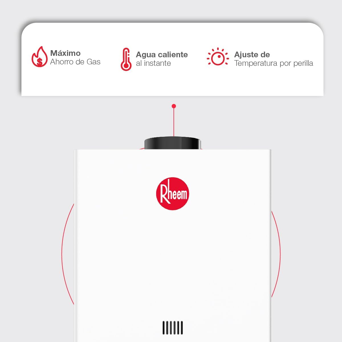 Rheem Instant Water Heater features: Gas Saving, Instant Hot Water, Temperature Adjustment