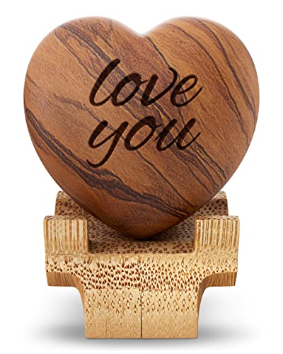 Carved Wooden Heart Shape Gifts - Love You - Engraved Olive Wood with Bamboo Stand - 5 Year Wooden...