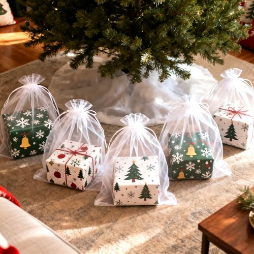 Image of Sukh White Organza Bags 8 inchx12 inch - 100pcs Large Sheer Mesh Drawstring Bag for Jewelry, Soap, Fruits, Candy, Small Gift Bag for Weddings, Valentine's Day, Mother's Day, Halloween, Thanksgiving, Christmas