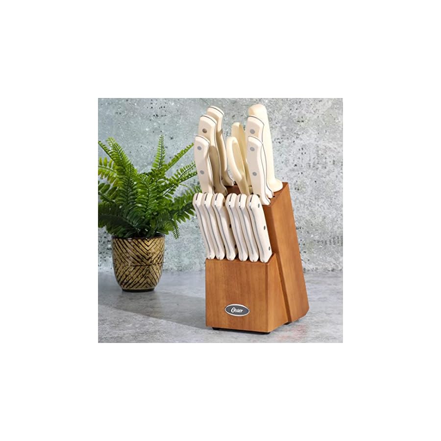 Oster-Evansville-14-Piece-Cutlery-Knife-Block-Set-Stainless-Steel-wLinen-White-Handles Oster Evansville 14 Piece Cutlery Kitchen Knife Block Set, Stainless Steel w/Linen White Handles - Cuchillos Para Cocina