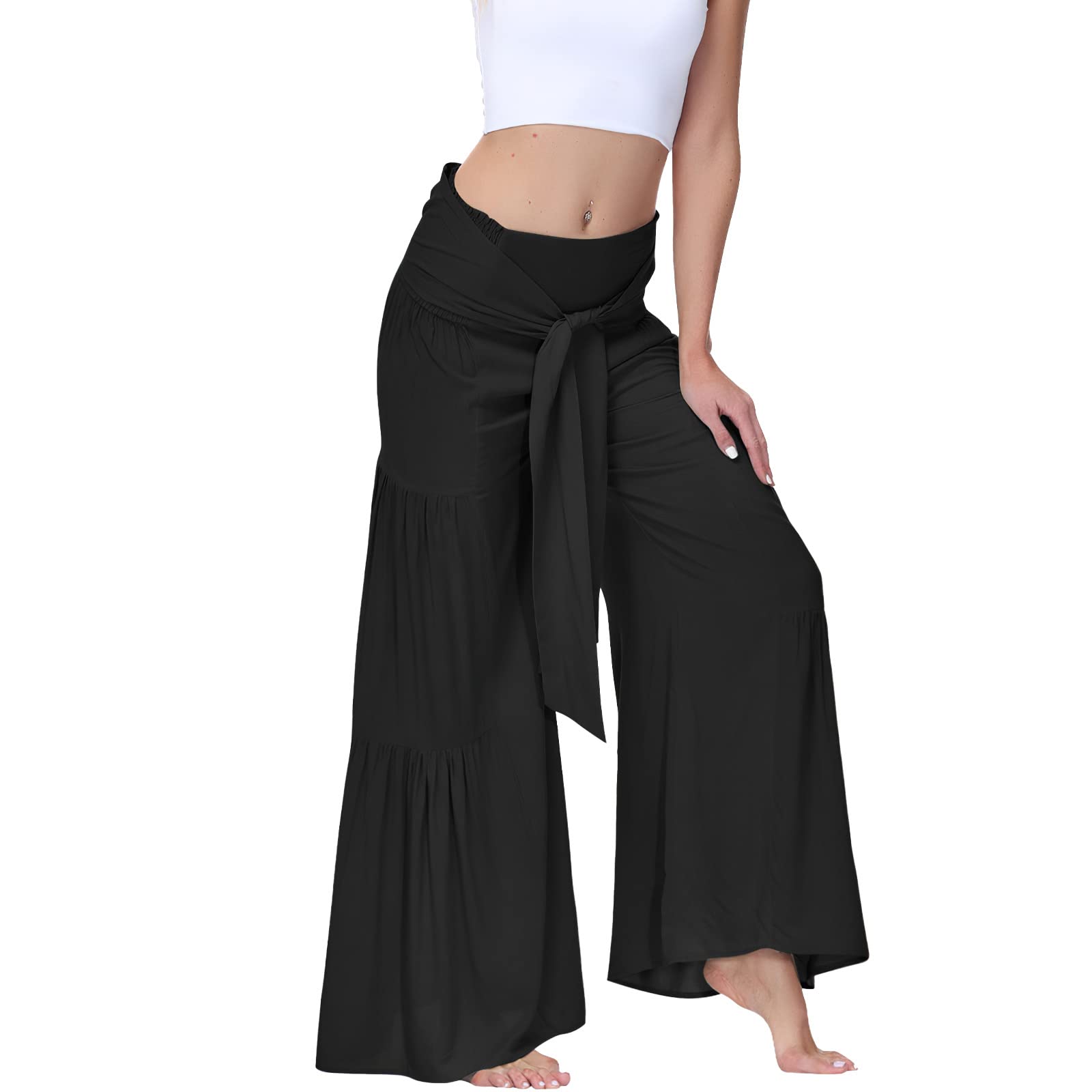 Pantete Womens Wide Leg Dress Pants Long Loose Fit Trousers Stretchy Waist with Belt