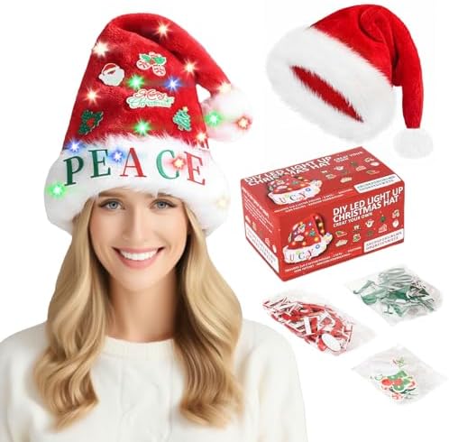 Santa Hat with LED Lights and DIY Stickers, Extra Thick Velvet Christmas Hat for Adults Unisex for New Year Holiday Party & Christmas Decorations