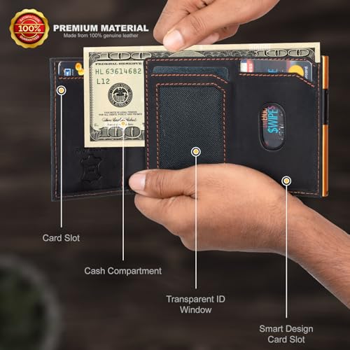 Marc Peter AirTag Wallet - Full Grain Leather, Mens Minimalist Wallet with Apple Air Tag Holder, Slim Smart Pop up Card Case, ID Window, RFID Blocking Wallet for Men and Woman Black/Orange2