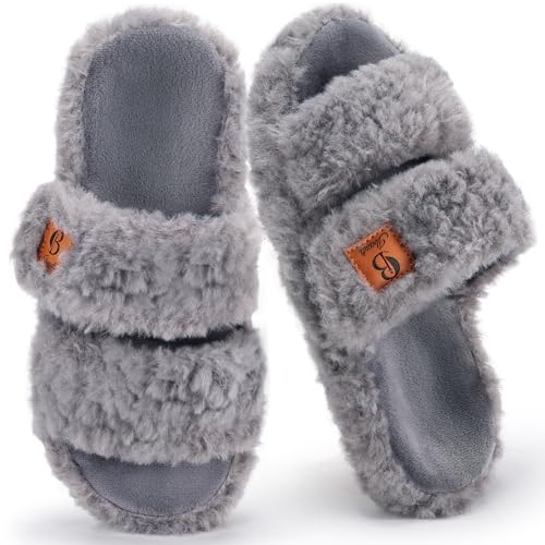 Ultrafun Womens Fluffy Slippers with Arch Support Memory Foam Open Toe Adjustable Ladies Slippers Indoor House Shoes (Grey, UK Footwear Size System, Adult, Women, Numeric Range, Medium, 5, 6)