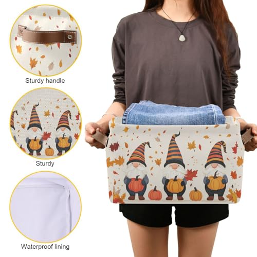 Image of Aslsiy Storage Basket Gnome and Pumpkins Autumn Nursery Bins Apricot Baby Box Canvas Clothes Shelf Basket Laundry Hampers 2 Pcs