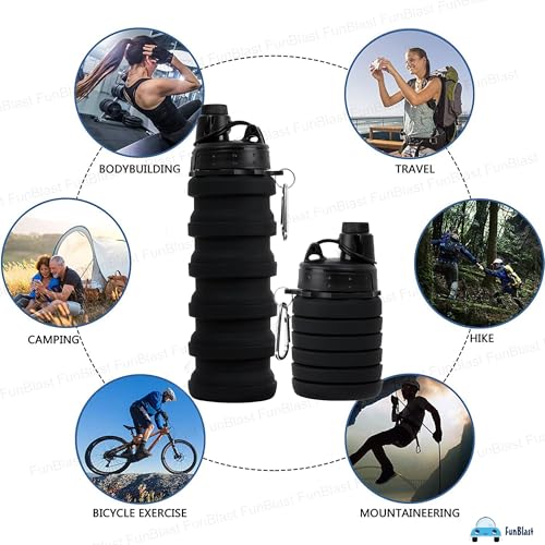 Image of FunBlast Silicone Sipper Bottle - 500 ML, Expandable Water Bottle for Home, Office, Gym, Trekking, BPA Free Food-Grade Collapsible Leak Proof Portable Travel Water Bottle (Black)