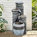 Autodaya 19.5" Tall 4-Tier Pedestal Outdoor Water Fountain with LED Lights and Pump, Relaxing Garden Fountain Waterfall for Patio, Porch, or Yard
