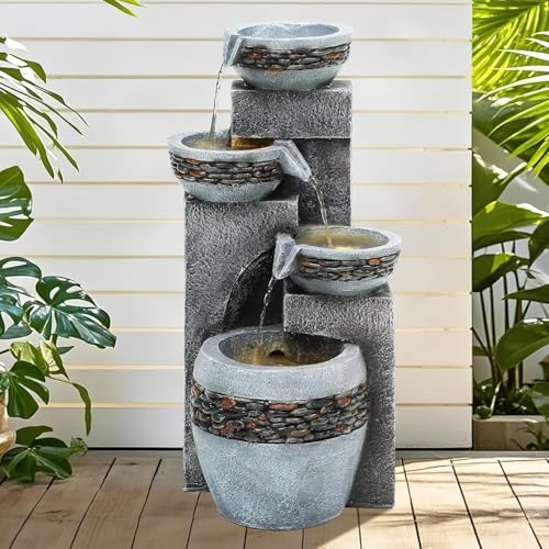 19.5" Tall 4-Tier Pedestal Outdoor Water Fountain with LED Lights...