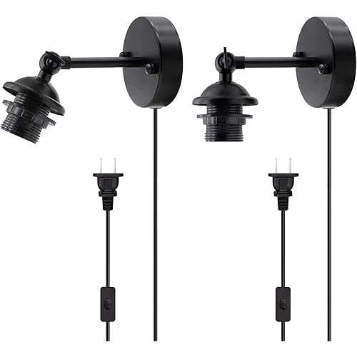 Black Plug in Wall Sconce Set of 2 Vintage Swing Arm Wall Lamp Indoor Single Wall Mount Lighting 240°Rotatable Modern Industrial Wall Sconces with 6FT Plug in Cord Switch E27 Base for Stairs/Bedside