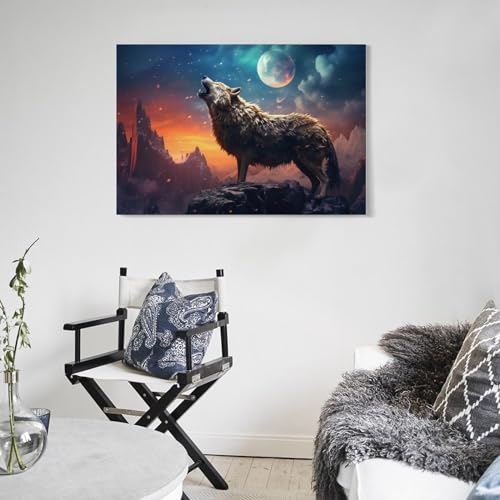 Impression sur toile loup gris encadrée avec lune abstraite