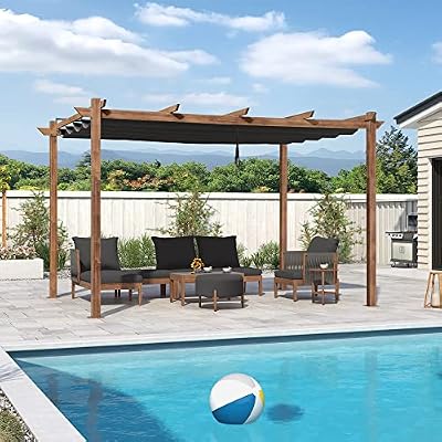 PURPLE LEAF 10' x 13' Outdoor Retractable Pergola with Shade Canopy Patio Metal Shelter for Garden Porch Pavilion Natural Wood Grain Frame Aluminum Gazebo Modern Backyard Grill Pergola Gray