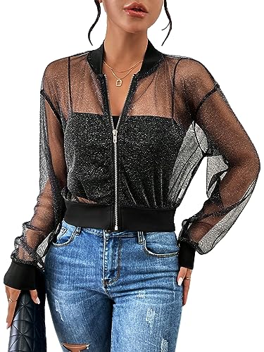 WDIRARA Women's Zip Up Glitter Mesh Bomber Jacket Drop Shoulder Long Sleeve Coats