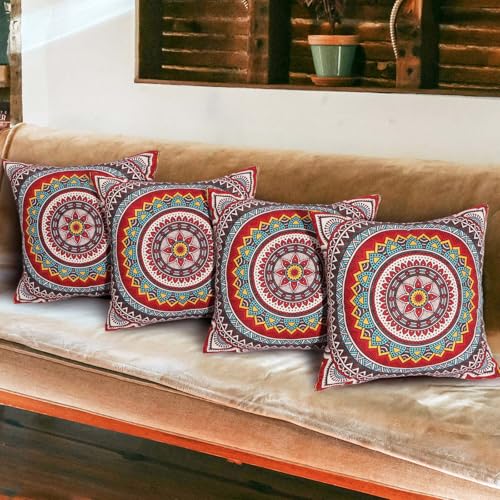 Image of Betadistor Sofa Cushion Covers 45cm x 45cm Set of 4 Bohemian Style Decorative Throw Pillow Covers 18 x18 Inch Linen Square Exotic Pillow Cases for Couch Bedroom Home Office, Red Circle, 513-0257
