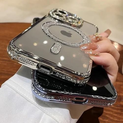 Changjia Magnetic Clear Glitter Case for iPhone 16 Pro Max,[Compatible with MagSafe] Cute Bling Sparkly Diamond with Camera Protector Soft TPU Bumper Women Girls Case for iPhone 16 Pro Max 6.9",Silver by Changjia - Image 8