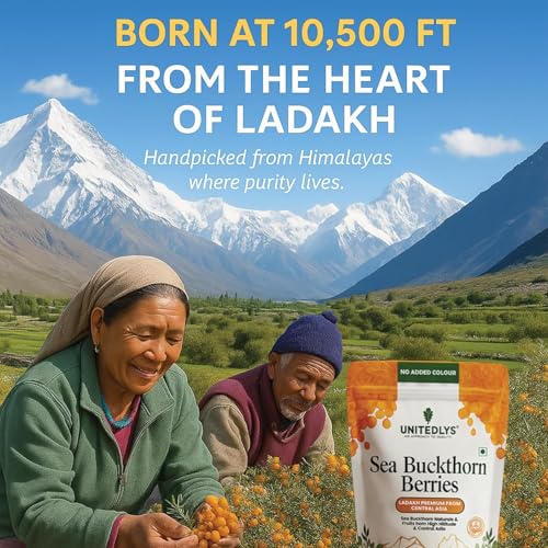 Image of Unitedlys Himalayan Sea Buckthorn Berry 100g | Sun-Dried, Natural & Unsweetened | Rich in Omega 3 6 7 9, Vitamin C & E | Dried Sea Buckthorn Berry for Skin, Immunity, Gut & Heart | No Preservatives