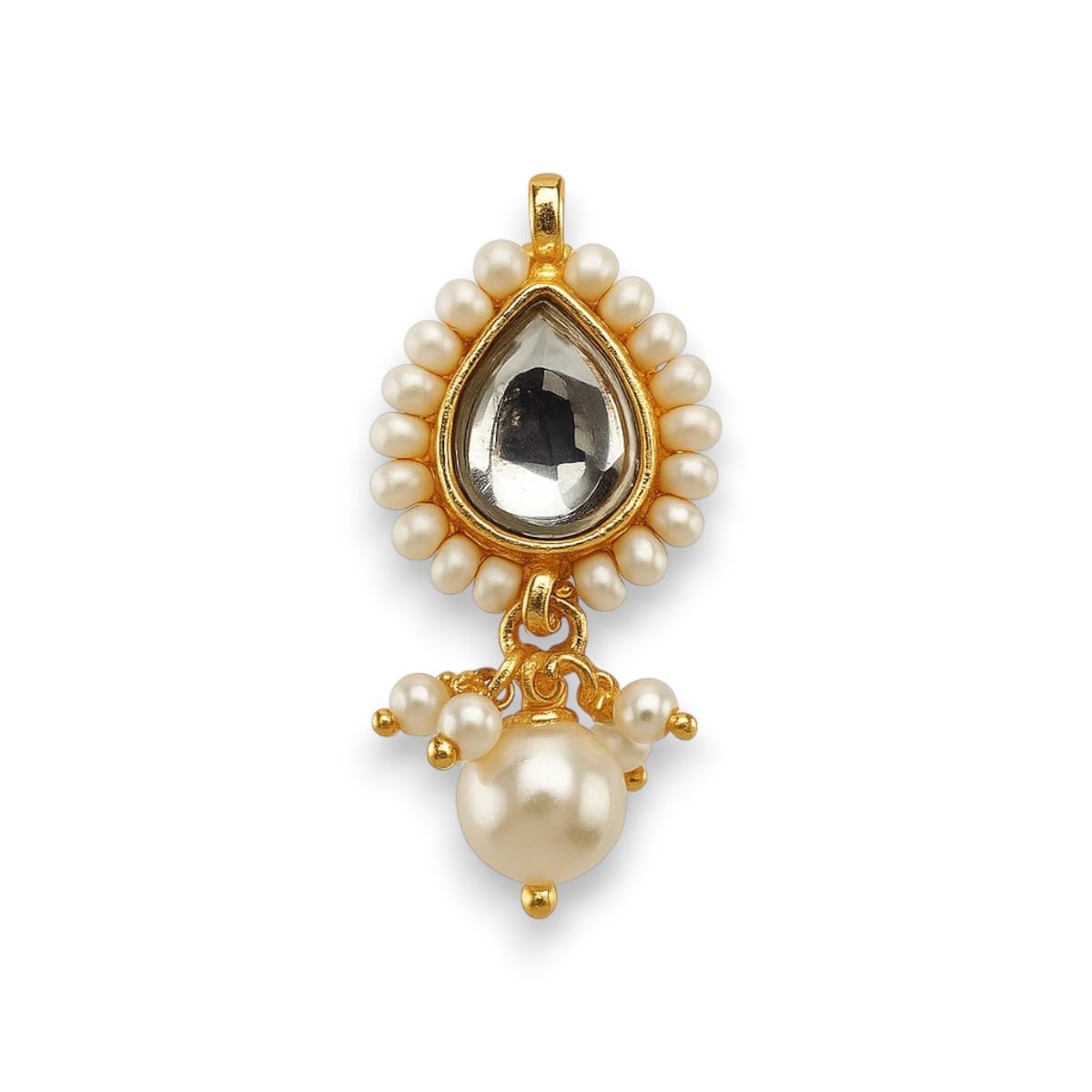 accessher American Diamond Shaped Nosepin with Beaded Pearl Outline, Gold Tone, Traditional Indian Faux Pearl Detailing, Non-Pierced Nose Accessory-picture-7