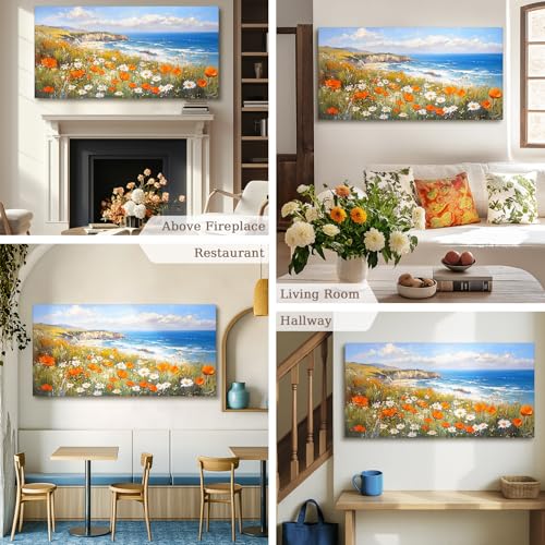 crmotu Coastal Wall Art, Floral Canvas Wall Art, Beach Art Wall Decor, Mountain Landscape Extra Large Artwork, Ocean Scenic Paintings for Living Room Bedroom Art Prints, Office Wall Decor 30x60inch